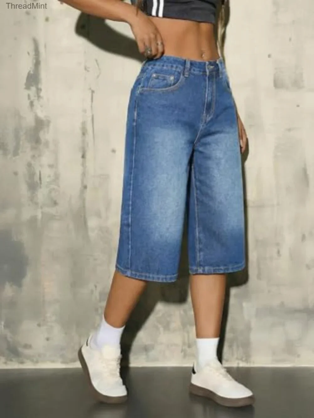 Mid Rise Bermuda Jean Shorts for Women Cotton Blend Long Denim Jorts
